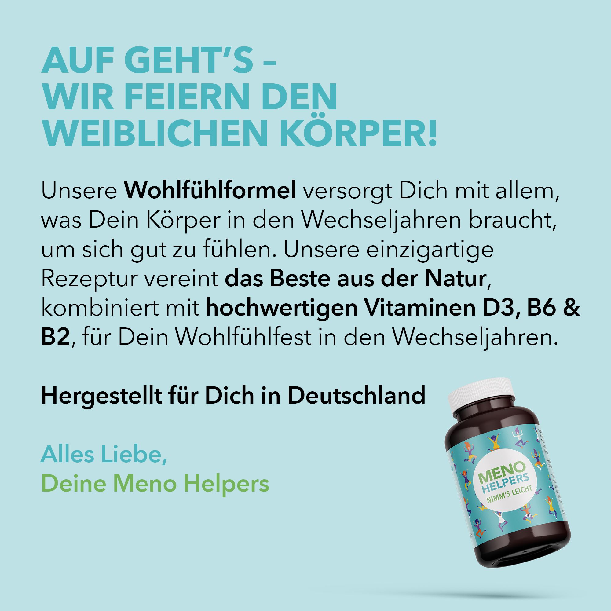 Text auf blauem Hintergrund. Flasche "MENO HELPERS NIMM'S LEICHT" rechts unten. Text über Inhaltsstoffe und Herkunft.