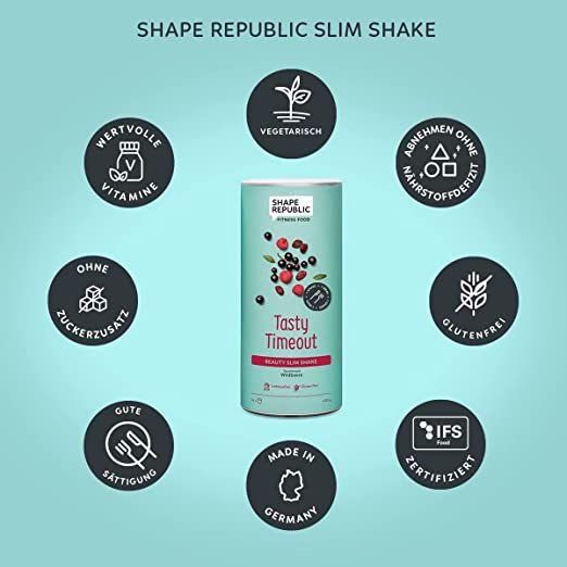 Dose Shape Republic Slim Shake, Tasty Timeout. Runde Icons: Vitamine, vegetarisch, ohne Zuckerzusatz, glutenfrei, IFS zertifiziert.