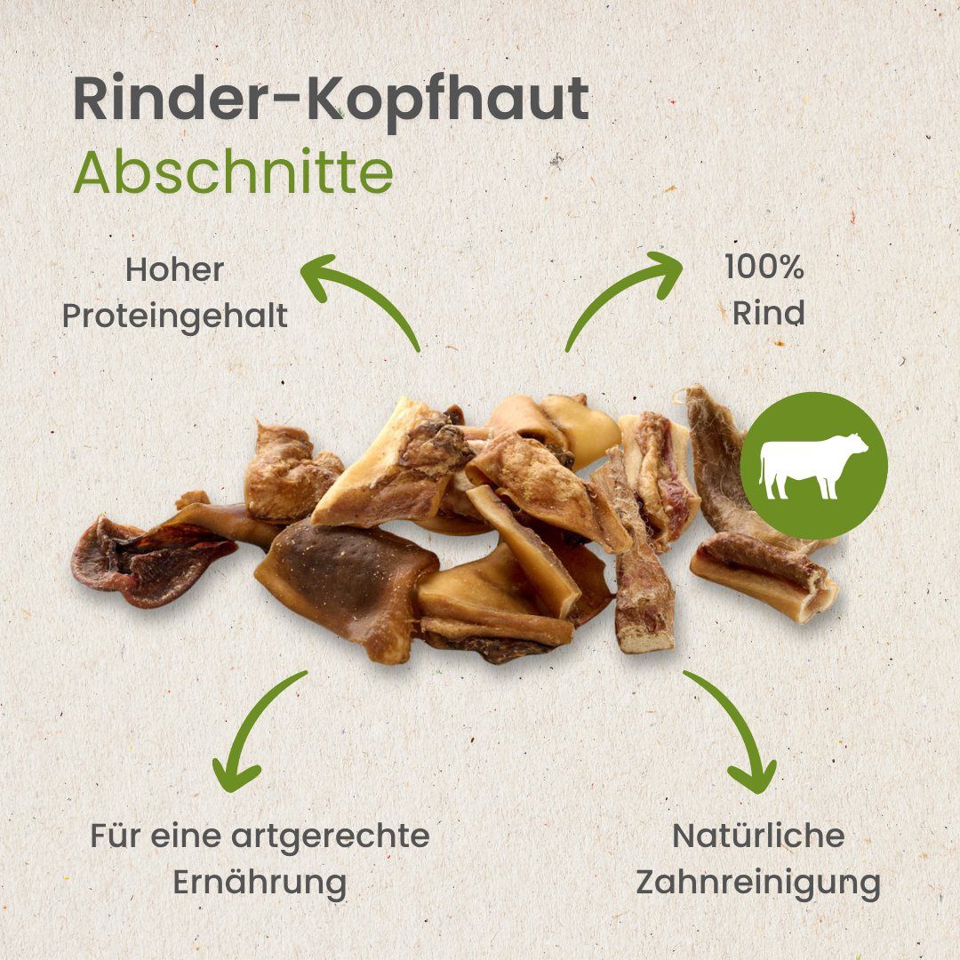 Getrocknete Rinderkopfhaut-Abschnitte mit Informationen zu Länge, Gewicht und Beschaffenheit.