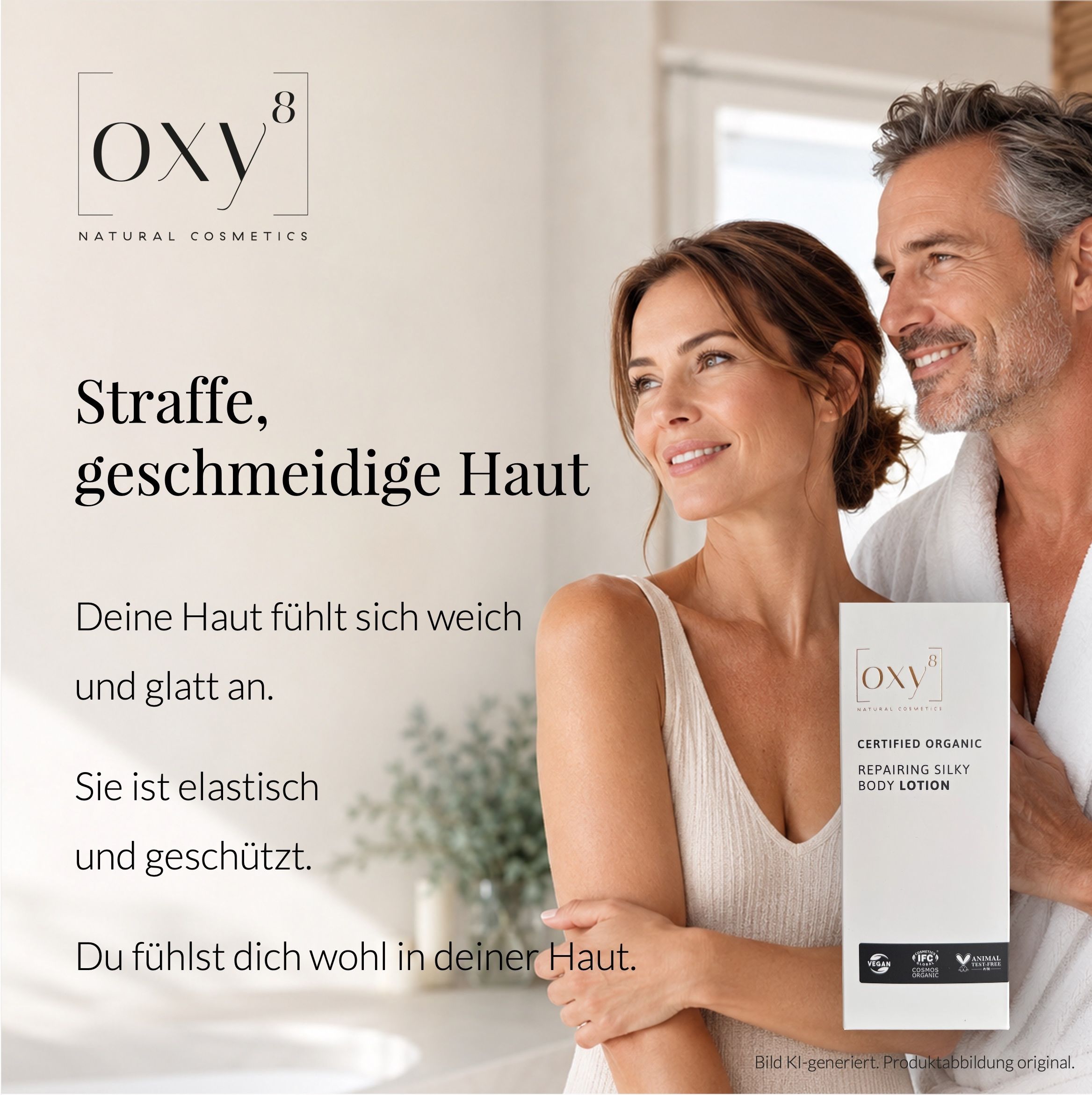 Frau mit grünen Blättern vor dem Gesicht, nah.