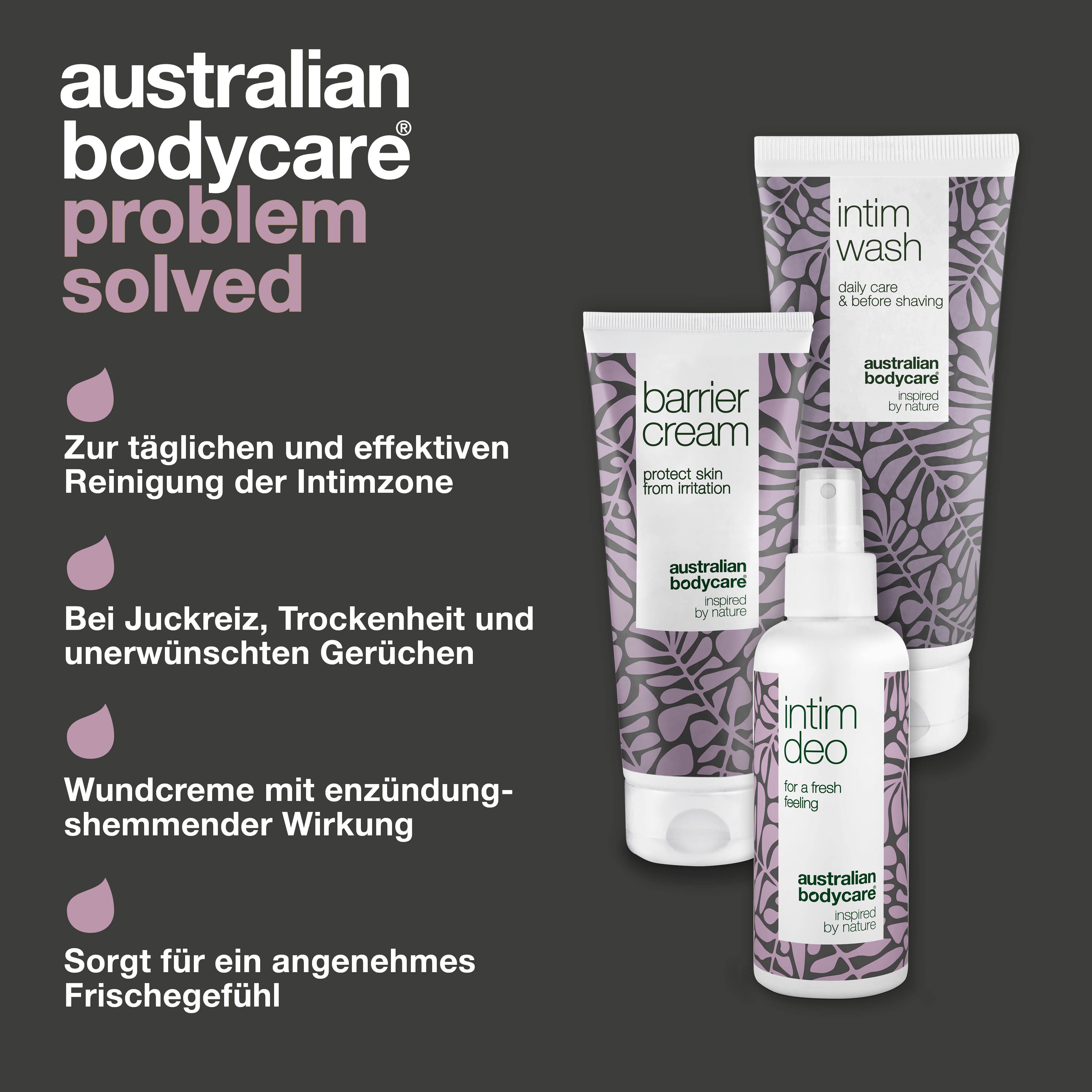 Produktabbildung mit Text. Produkte: Intim Wash, Barrier Cream, Intim Deo. Text: Zur täglichen Reinigung. Marke: Australian Bodycare.