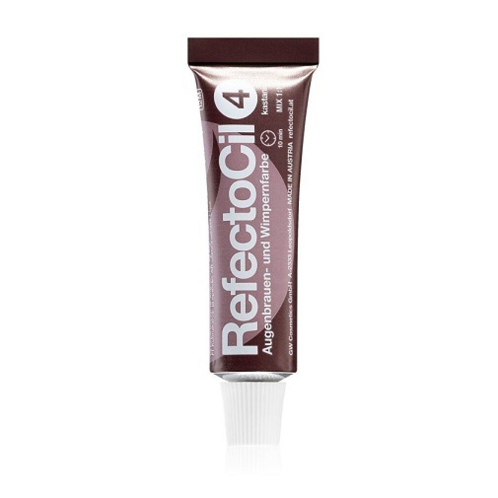 Braune Tube mit weißem Verschluss. Aufschrift: RefectoCil 4, Kastanie. Augenbrauen- & Wimpernfarbe.