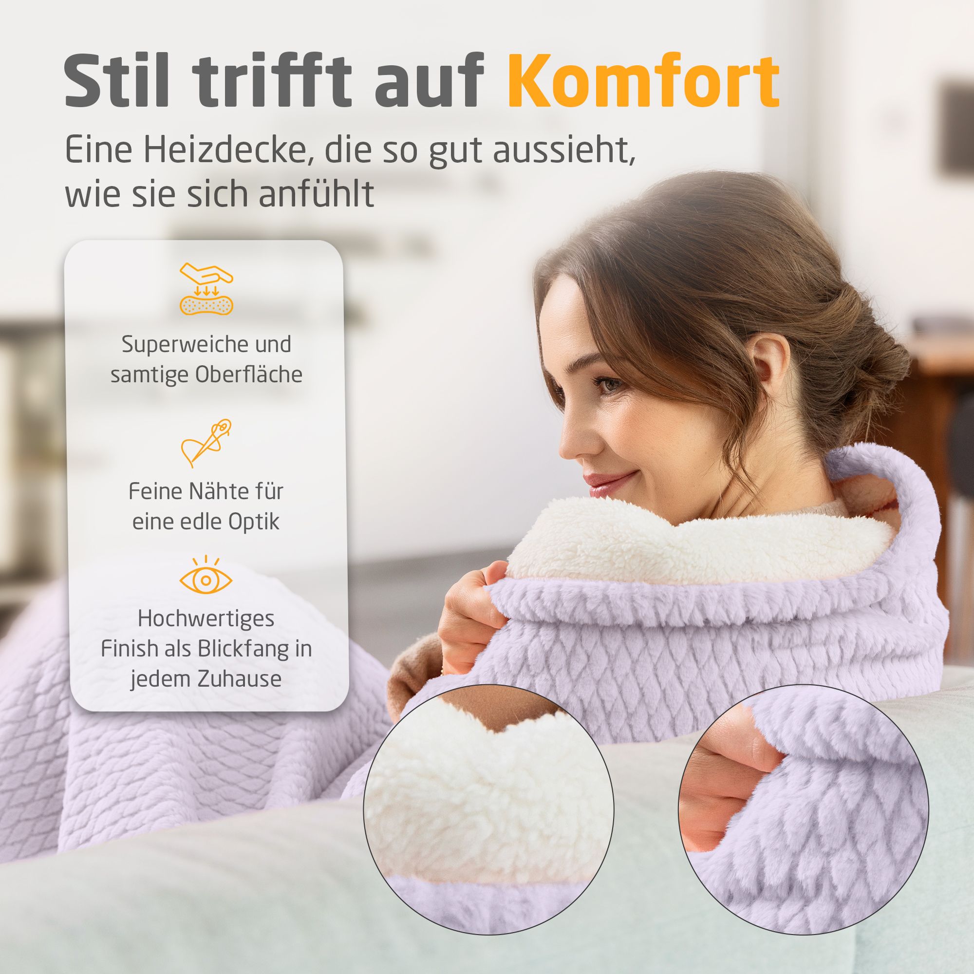 Frau mit helllila Heizdecke. Superweiche Oberfläche. Feine Nähte. Hochwertiges Finish. Nahaufnahmen von Material und Nähten.