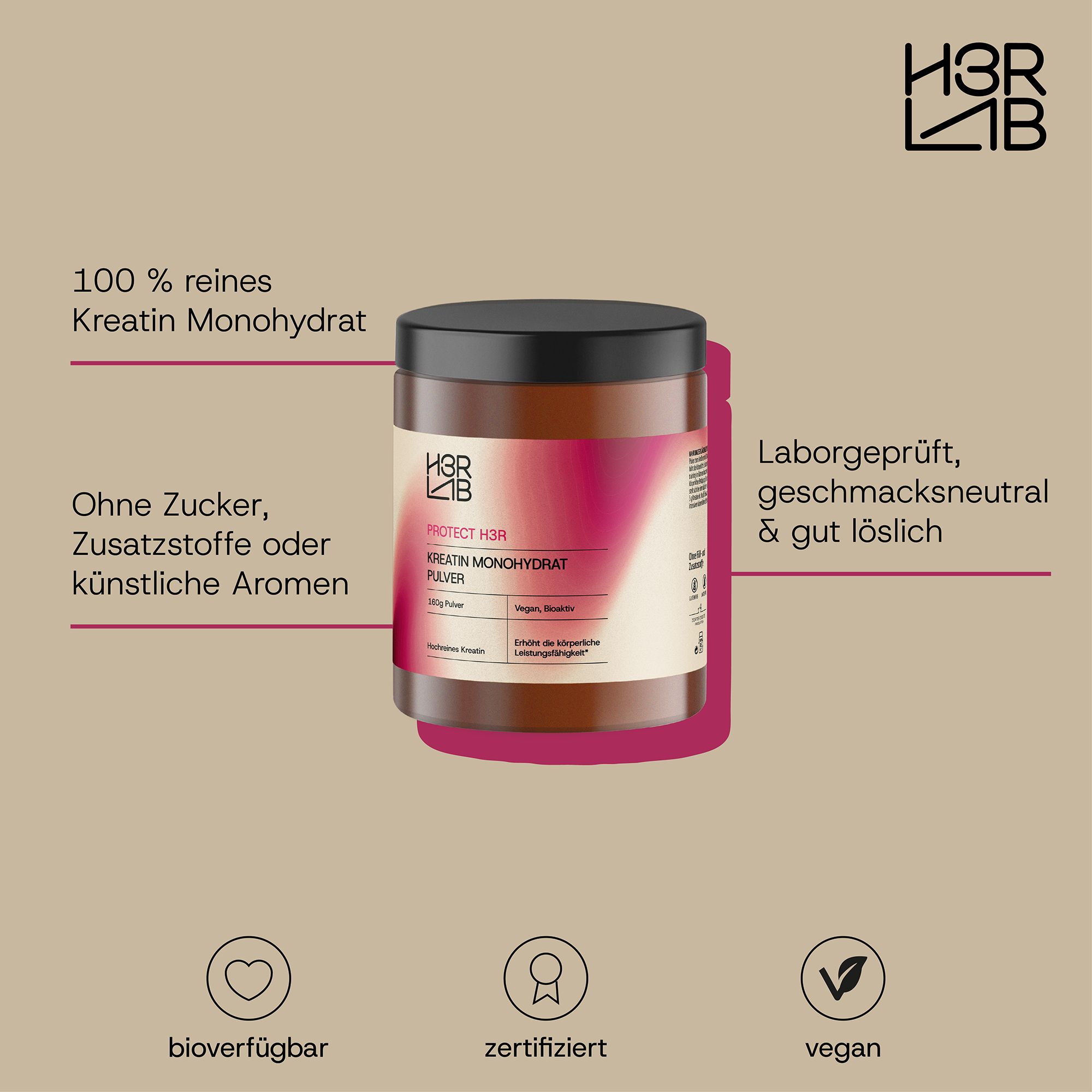 Braune Dose mit schwarzem Deckel. H3R LAB, Kreatin Monohydrat Pulver. Text: 100% reines Kreatin Monohydrat, ohne Zucker, vegan. Laborgeprüft.