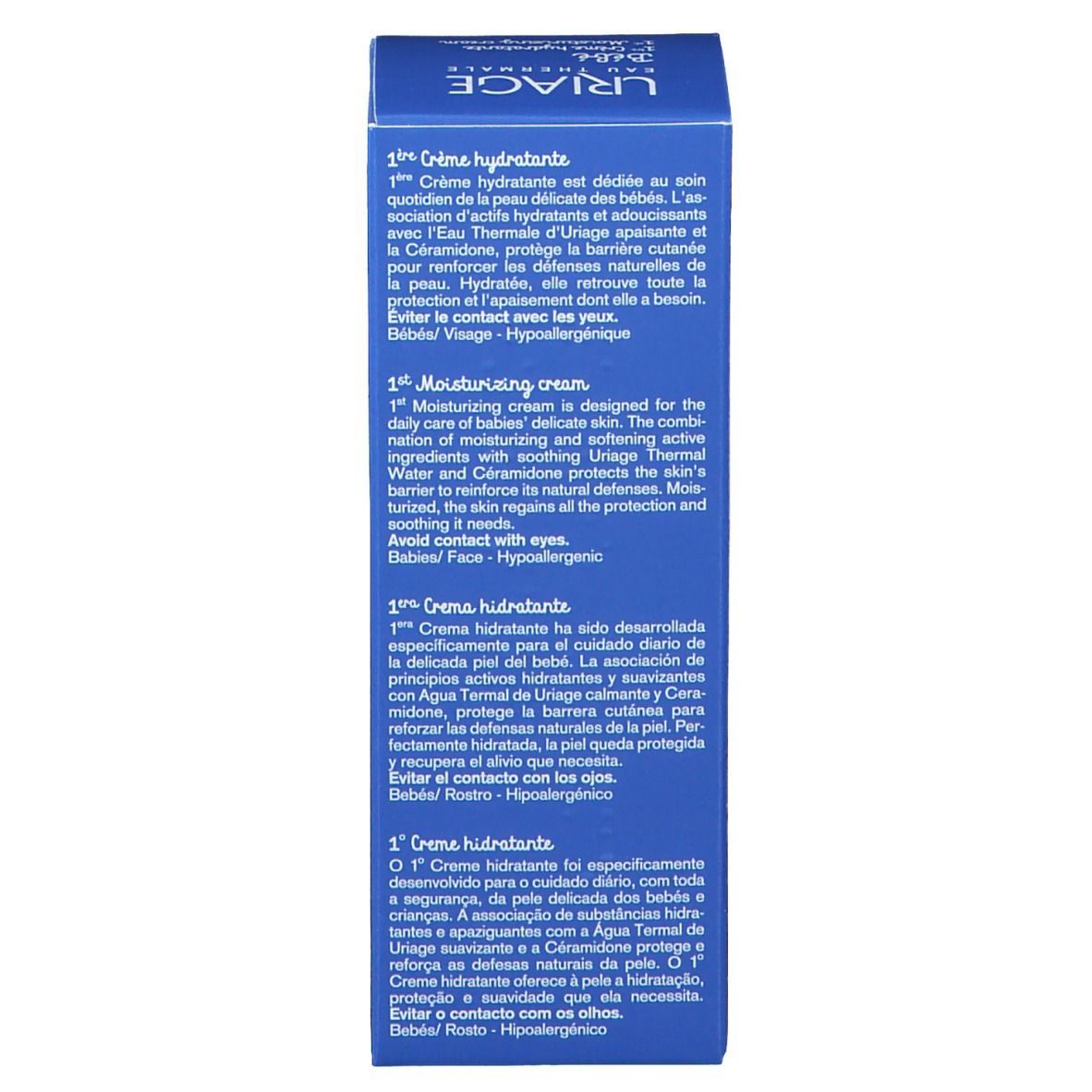 Blauwe vouwdoos met meertalige tekst. Bevat productinformatie en ingrediënten.