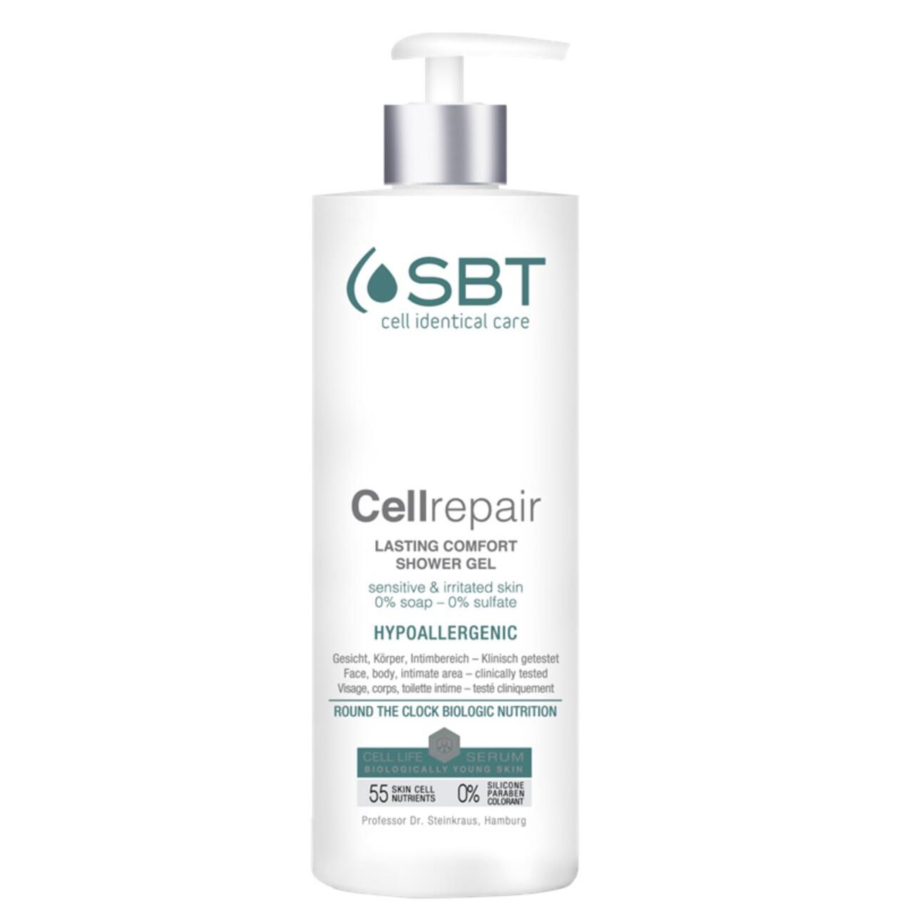 Weißer Spender mit silbernem Pumpkopf. Aufschrift: SBT cell identical care. Text: Cellrepair, HYPOALLERGENIC. Für sensible Haut.