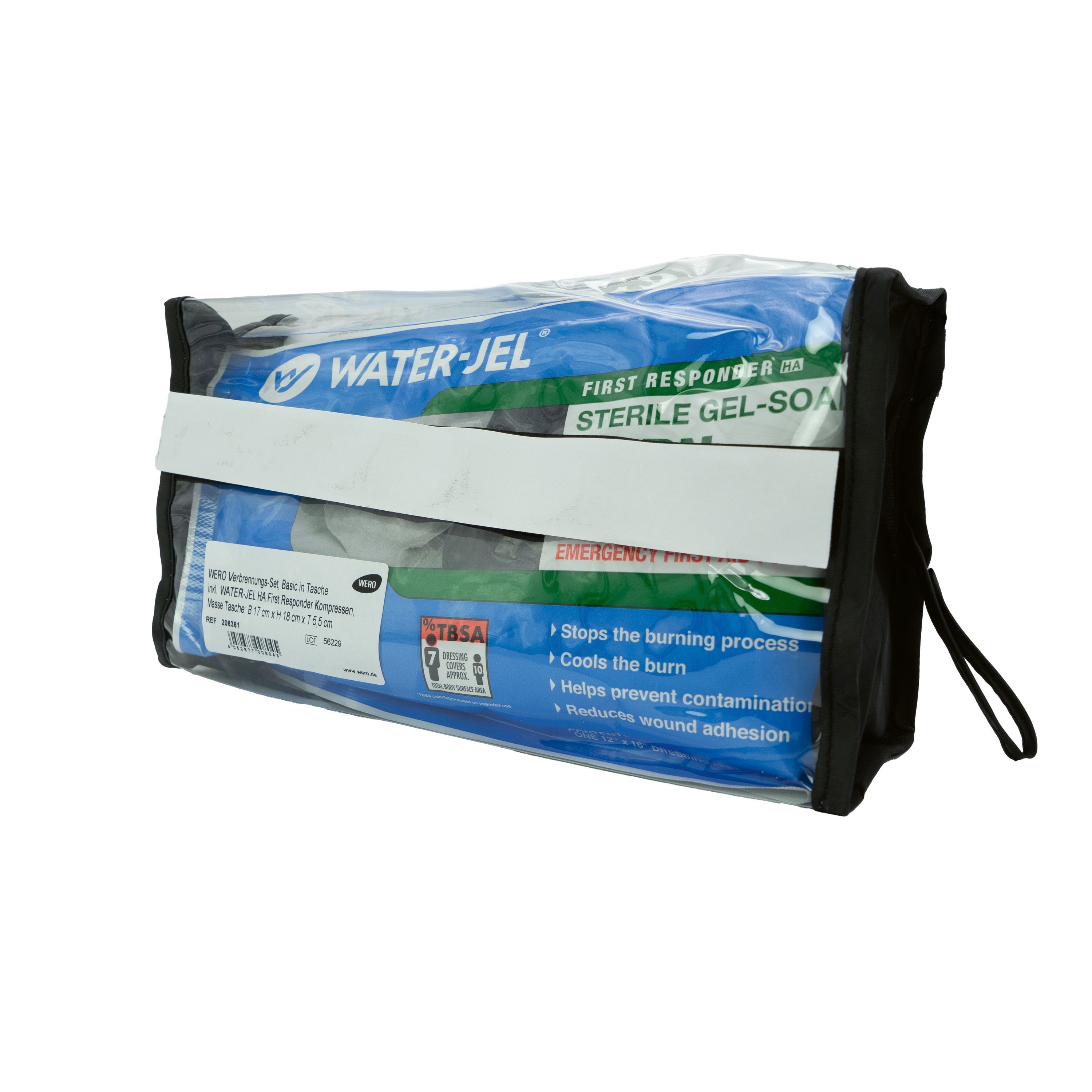 WERO Verbrennungs-Set Basic in der Tasche. Schwarze Tasche mit transparentem Fach. Enthält Verbandsmaterial und Gel-Verbände.