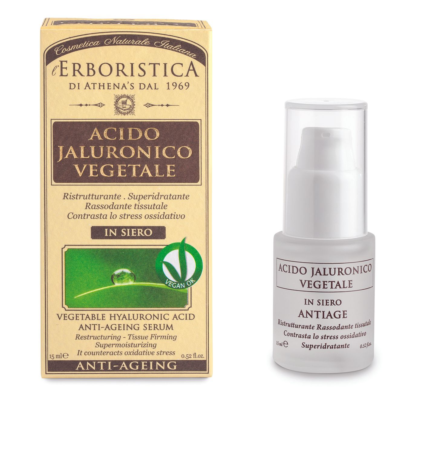 Serumflasche und Verpackung. Aufschrift: Acido Jaluronico Vegetale, Anti-Ageing Serum. Vegan-Siegel. Braune Verpackung, weiße Flasche mit Pumpkopf.