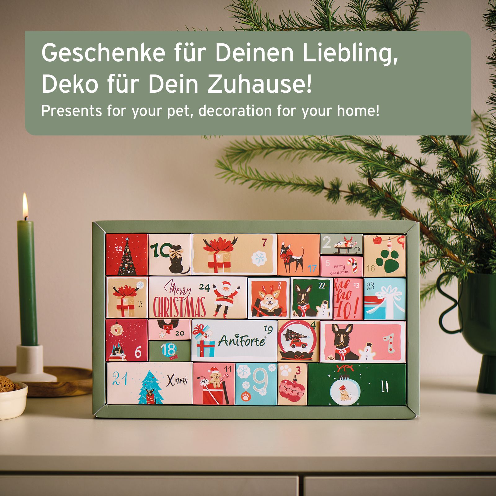 Hunde-Adventskalender mit 24 nummerierten Türchen, dekoriert mit weihnachtlichen Motiven und Hunden.
