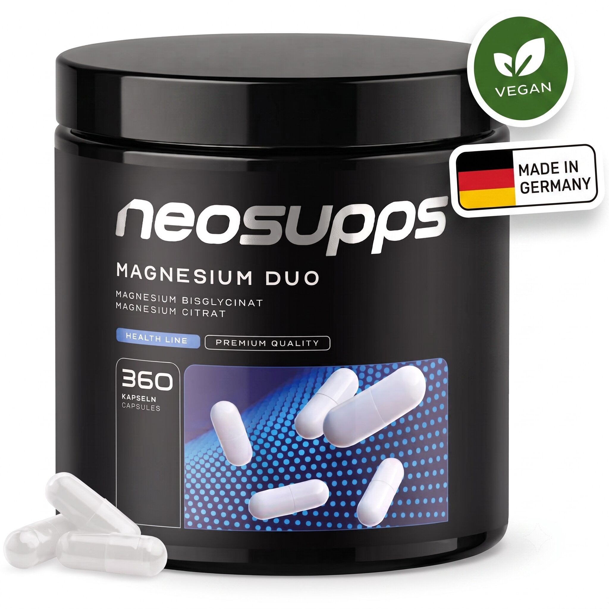 Neosupps Magnesium Duo Dose mit 360 Kapseln, vegan, Made in Germany.