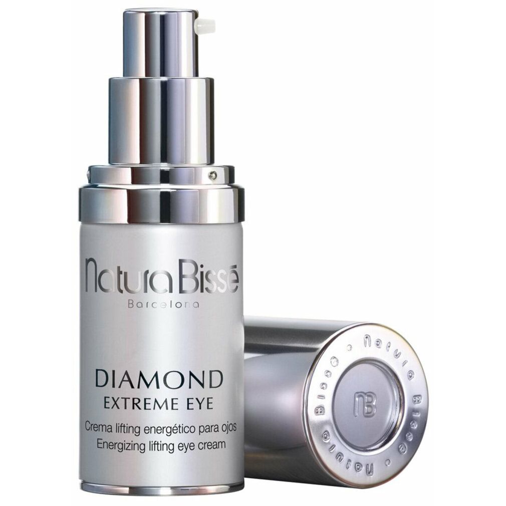 Silberne Flasche mit Pumpkopf. Beschriftung: Natura Bissé, Diamond Extreme Eye. Text: Energizing lifting eye cream.
