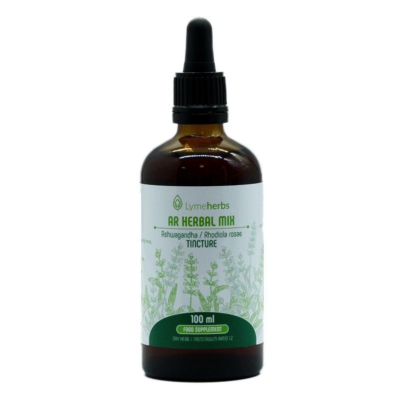 Flacone di vetro marrone con contagocce. Etichetta con testo: AR Herbal Mix, 100 ml, Food Supplement. Etichetta verde con motivo vegetale.