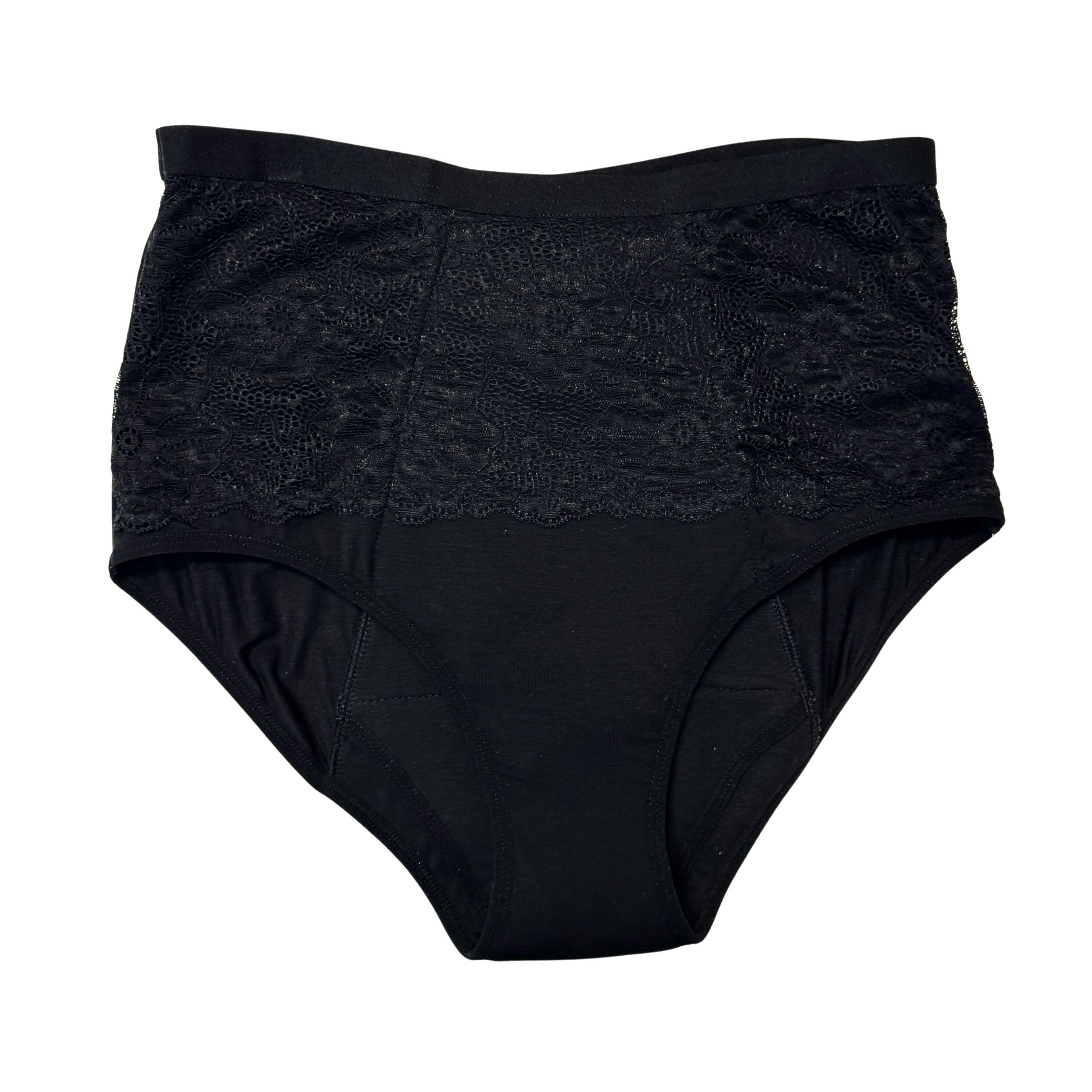Schwarzer Inkontinenzslip mit Spitze. Hoher Bund, bedeckt den Bauch. Blick von vorne.