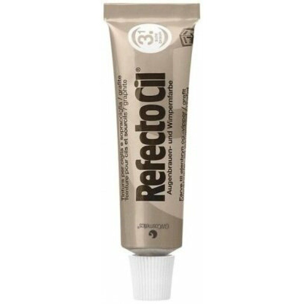 Tube Refectocil 3.1, Augenbrauen- und Wimpernfarbe. Beige Tube mit brauner Schrift. Weißer Schraubverschluss.