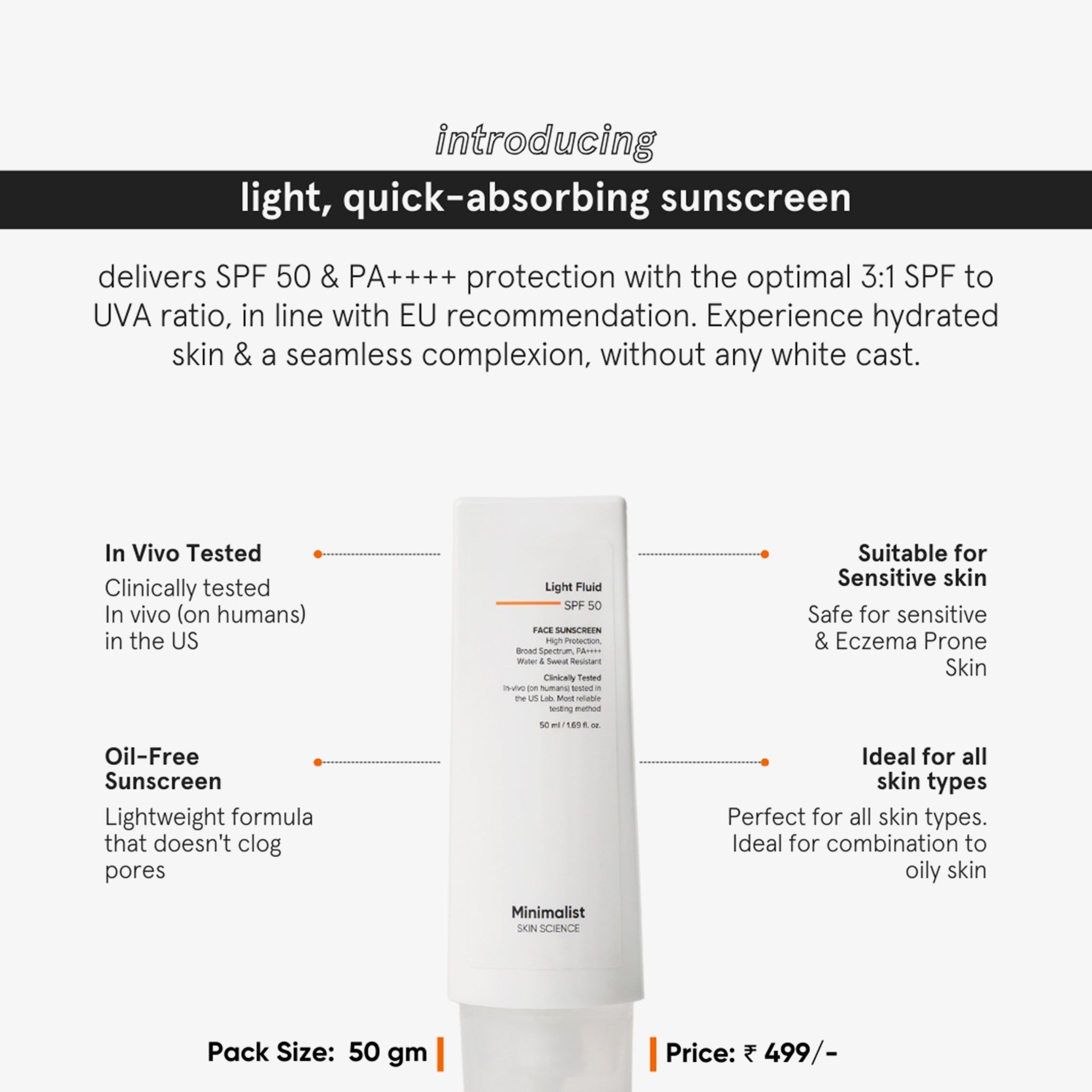 Produkt-Tube mit Text. Text: Light Fluid SPF 50. Geeignet für empfindliche Haut. Ölfreier Sonnenschutz.