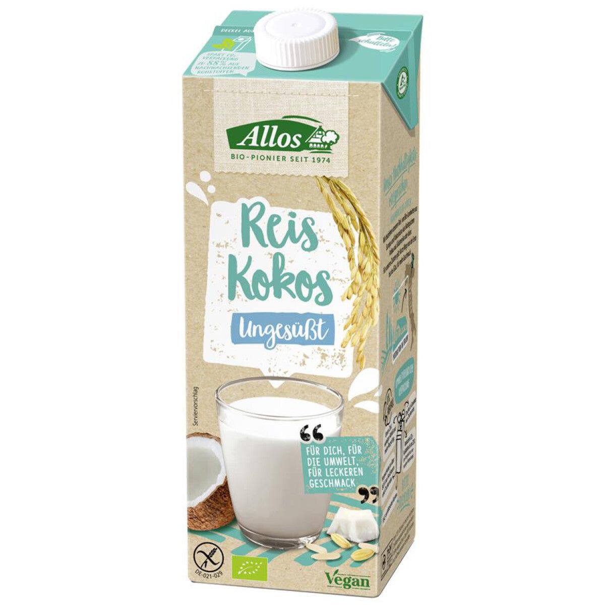 Karton mit Allos Reis-Kokos Drink ungesüßt. Aufschrift: Reis Kokos ungesüßt. Vegan- und Bio-Siegel. Abbildung von Kokosnuss und Glas mit Drink.