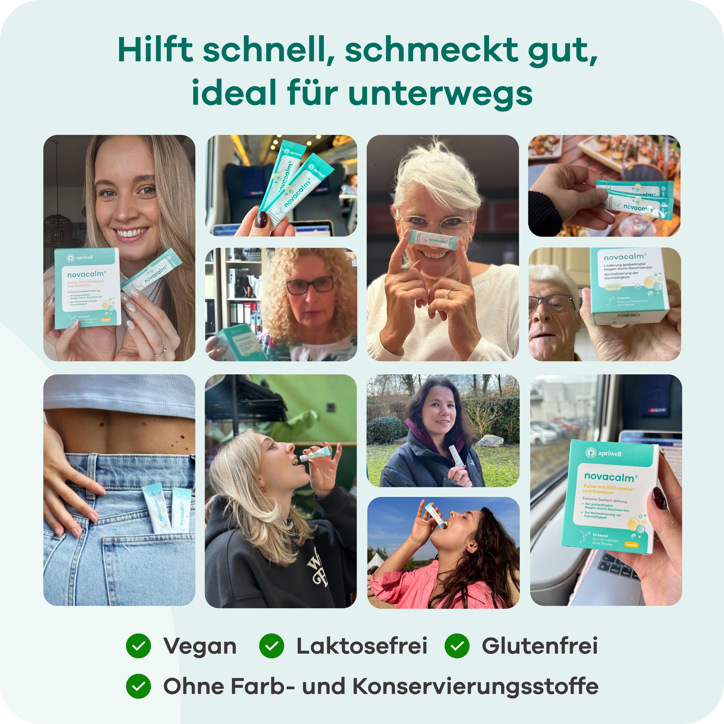 Collage von Personen mit Novacalm-Beuteln. Text: Hilft schnell, schmeckt gut, ideal für unterwegs. Vegan, laktosefrei, glutenfrei, ohne Farb- und Konservierungsstoffe.