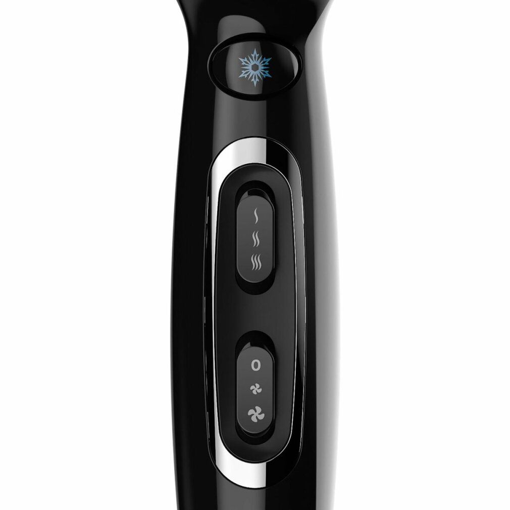 Nahaufnahme der Bedienelemente eines schwarzen Haartrockners. Temperatur- und Gebläse-Einstellungen.