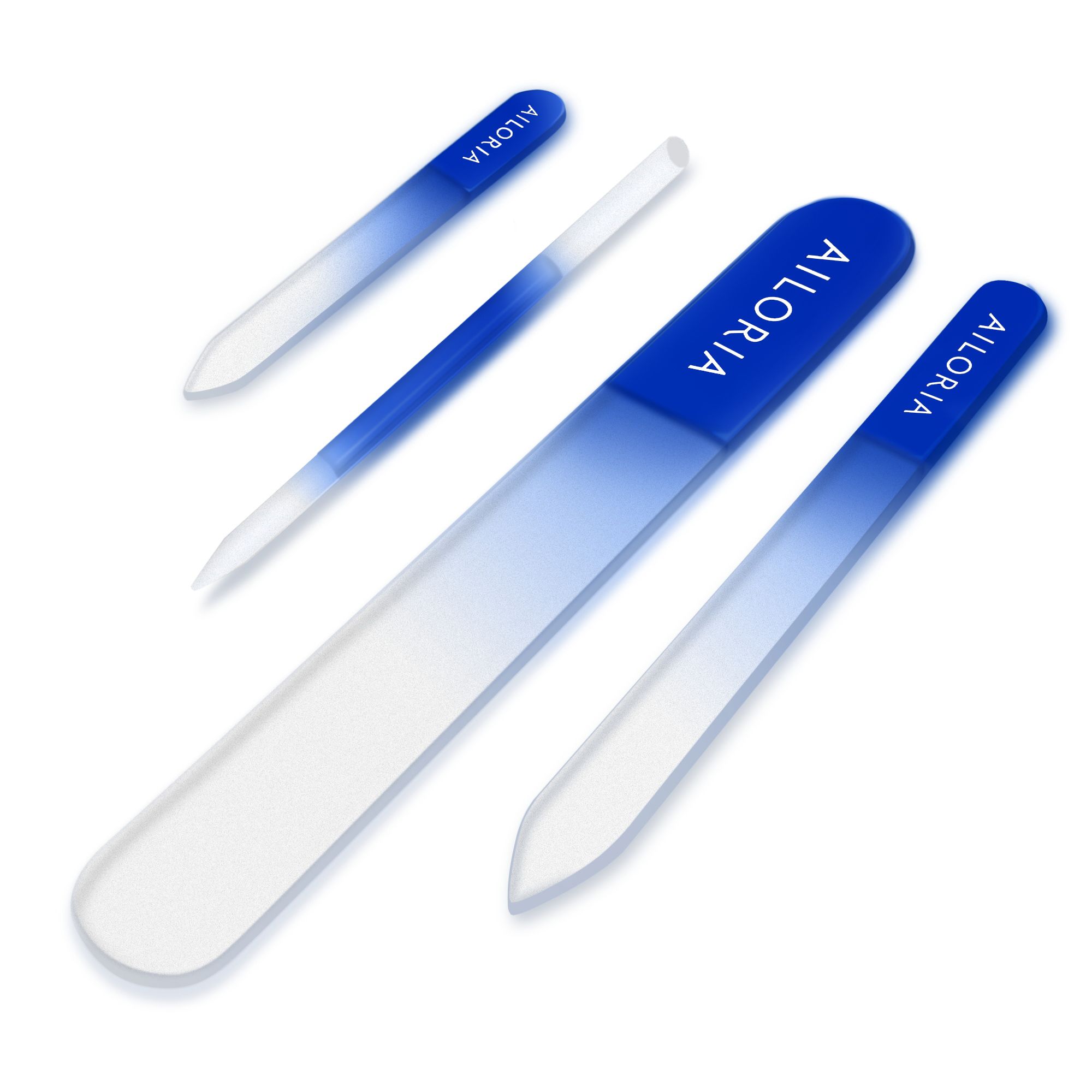 Vier Glasnagelfeilen mit blau-weißem Farbverlauf. AILORIA-Logo auf jeder Feile. Verschiedene Formen und Größen.