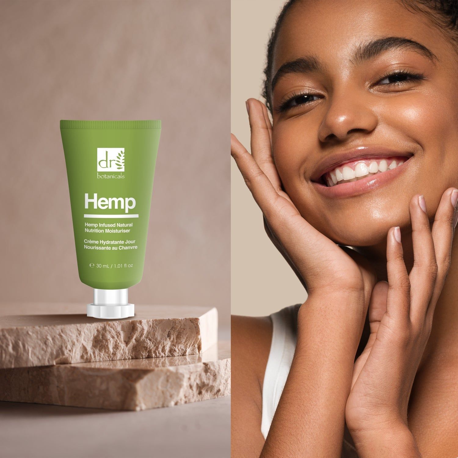 Grüne Tube mit weißem Deckel. Aufschrift: Hemp, Hemp Infused Natural Nutrition Moisturiser, 30 ml. Neben Gesicht einer Frau.