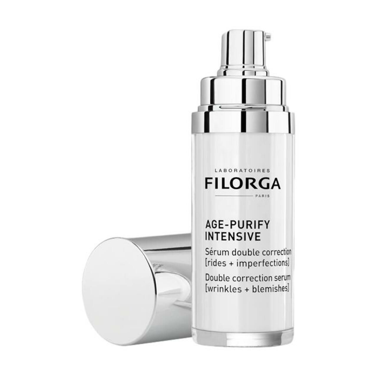 Filorga Age-Purify Intensive Serum. Weiße Flasche mit silbernem Pumpkopf und Deckel. Produktname und Text.