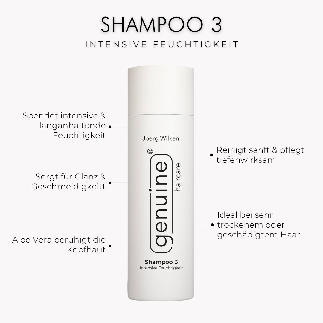 Weißes Shampoo 3 Flasche. Text: Spendet Feuchtigkeit, Glanz, beruhigt Kopfhaut. Ideal für trockenes Haar. genuine haircare.