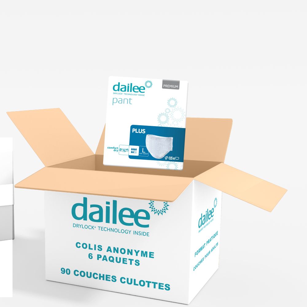 Boîte ouverte avec paquet Dailee Pants Plus. 90 Couches Culottes, 6 paquets.