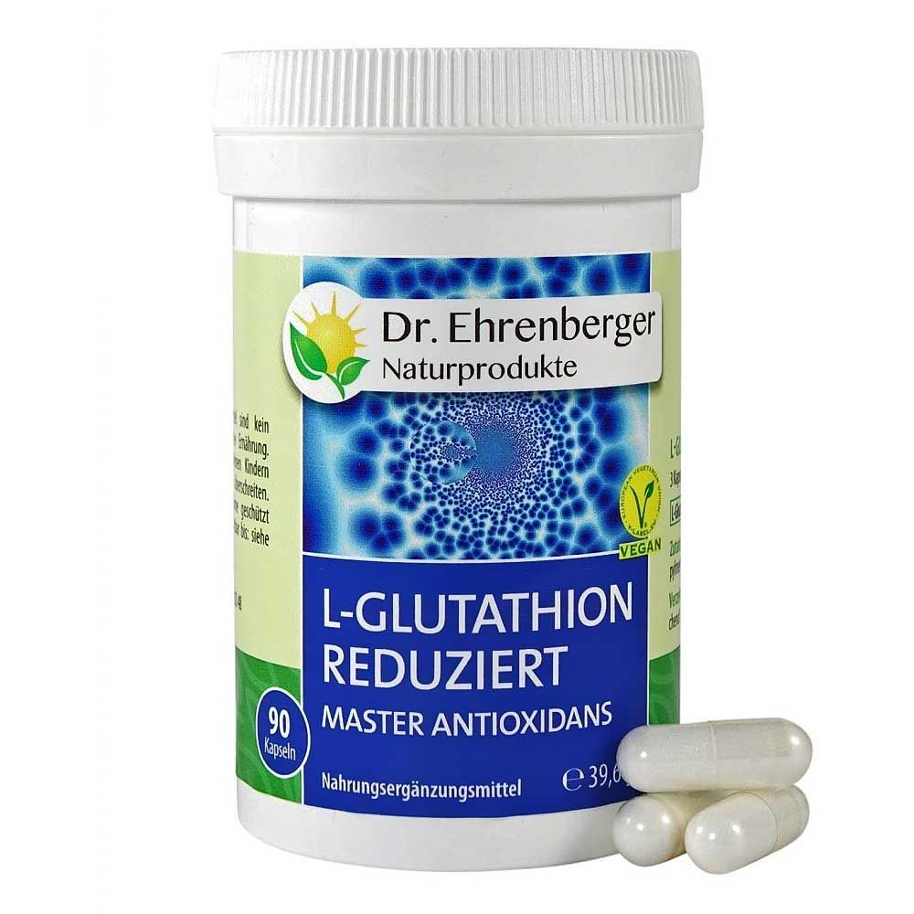 Weißes Kunststoff-Behälter mit Kapseln. Aufschrift: Dr. Ehrenberger, L-Glutathion reduziert, 90 Kapseln, vegan.