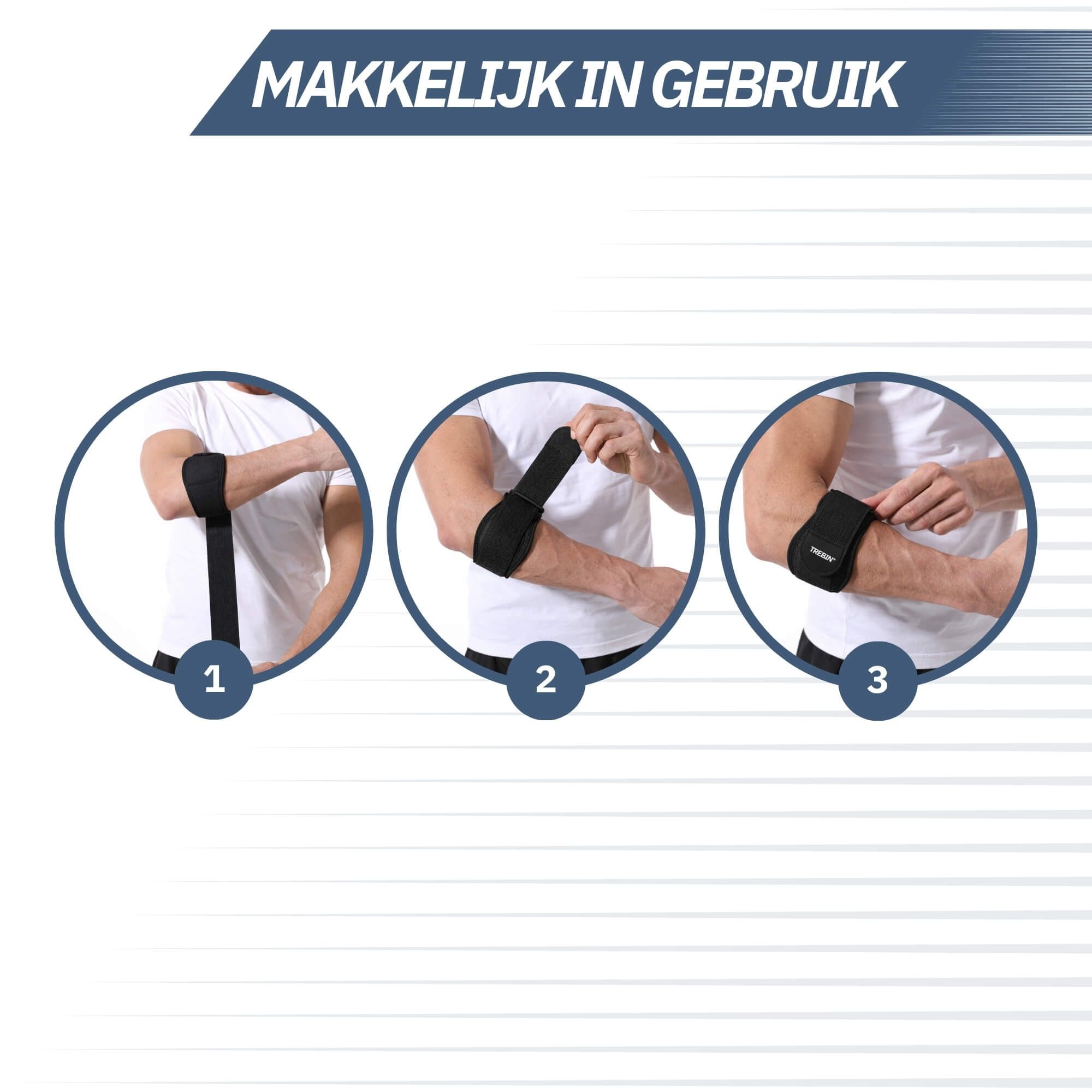Verpackung und schwarze Ellbogenbandage. Text: In de verpakking.