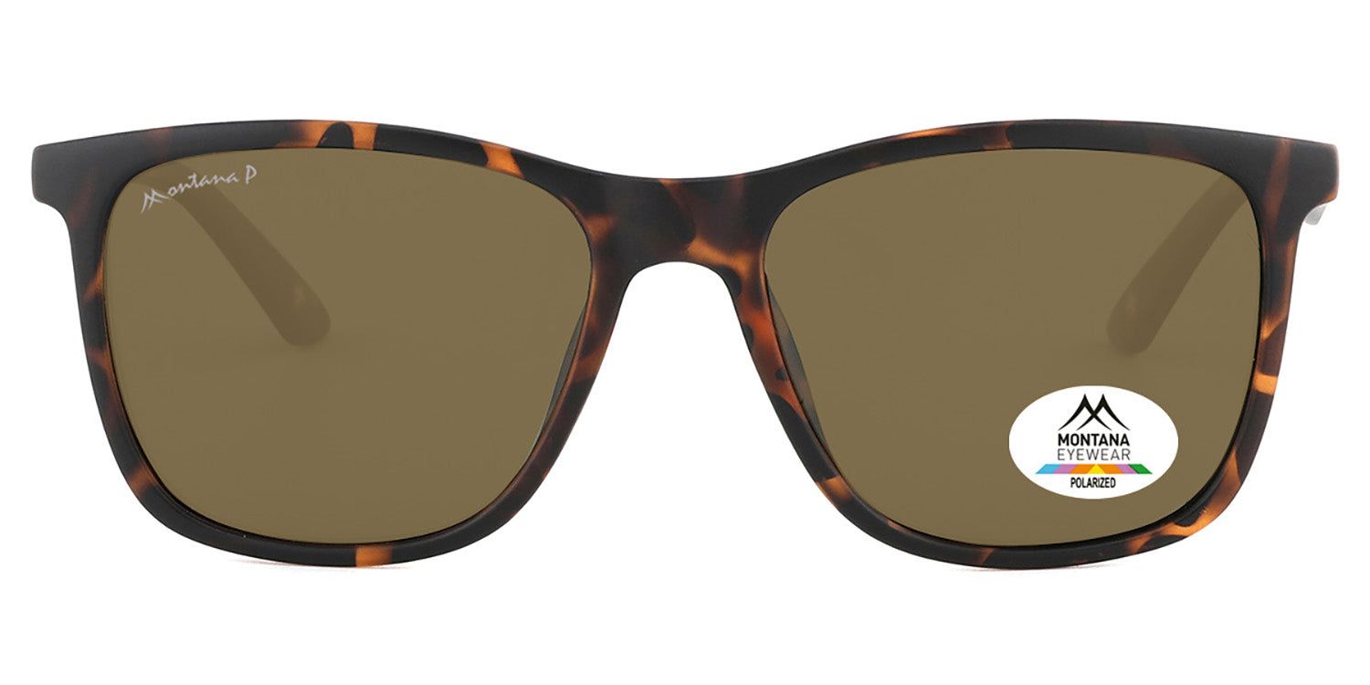 Sonnenbrille mit braunen Gläsern und braun-gemustertem Rahmen. Logo und Markenschriftzug sind sichtbar.