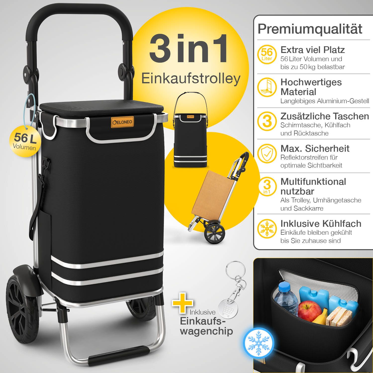 Einkaufstrolley, 3in1, schwarz. Mit 56L Volumen, Kühltasche, Reflektoren und Einkaufswagenchip. Text: Premiumqualität.