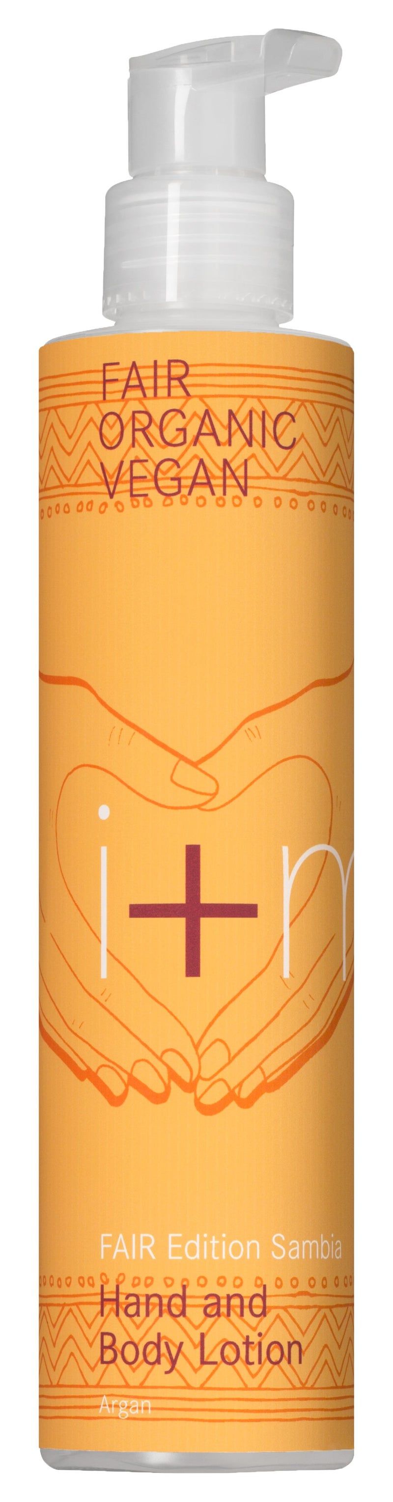 Flasche Hand- und Bodylotion. Orangefarbenes Etikett mit Schriftzug und Händen. Weißer Pumpkopf.