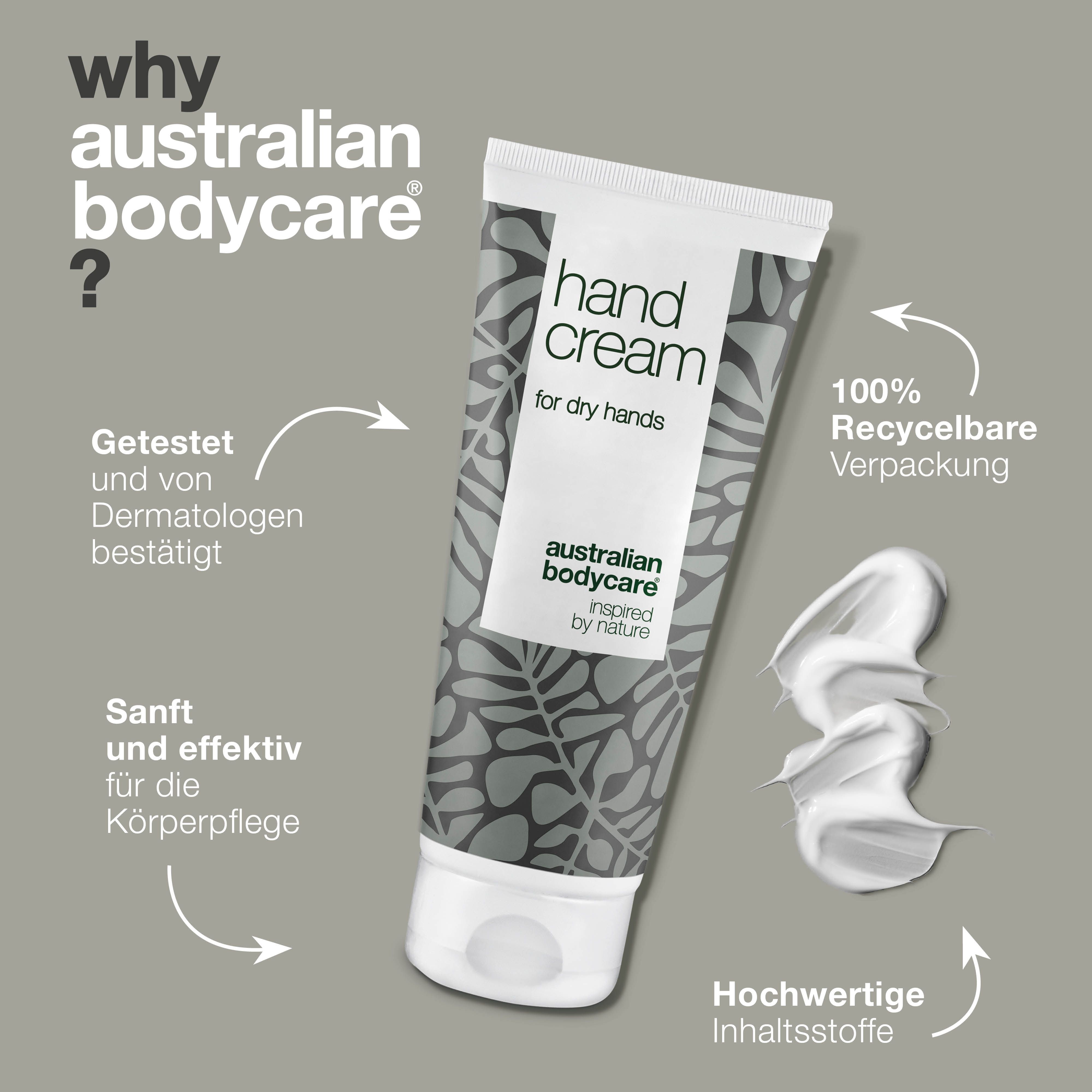 Handcreme-Tube und Text. Aufschrift: Hand Cream, Australian Bodycare.