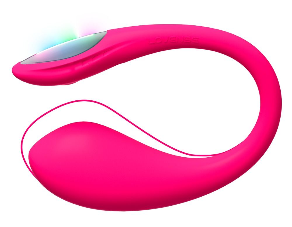 Rosa Vibrator mit farbigem Licht am oberen Ende. Geschwungene Form. Produktansicht von oben.