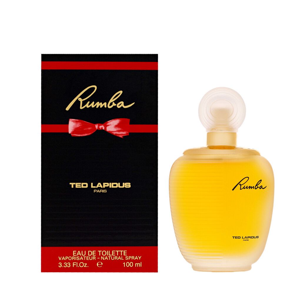 Rumba Eau de Toilette Flakon und Verpackung. Schwarze Schachtel mit roter Schleife und Schriftzug Rumba.