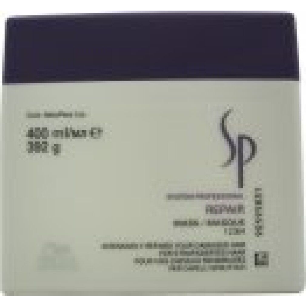 Weißer Tiegel mit dunkelviolettem Deckel. Aufschrift: SP Repair Maske. Volumenangabe: 400 ml. Wella-Logo.