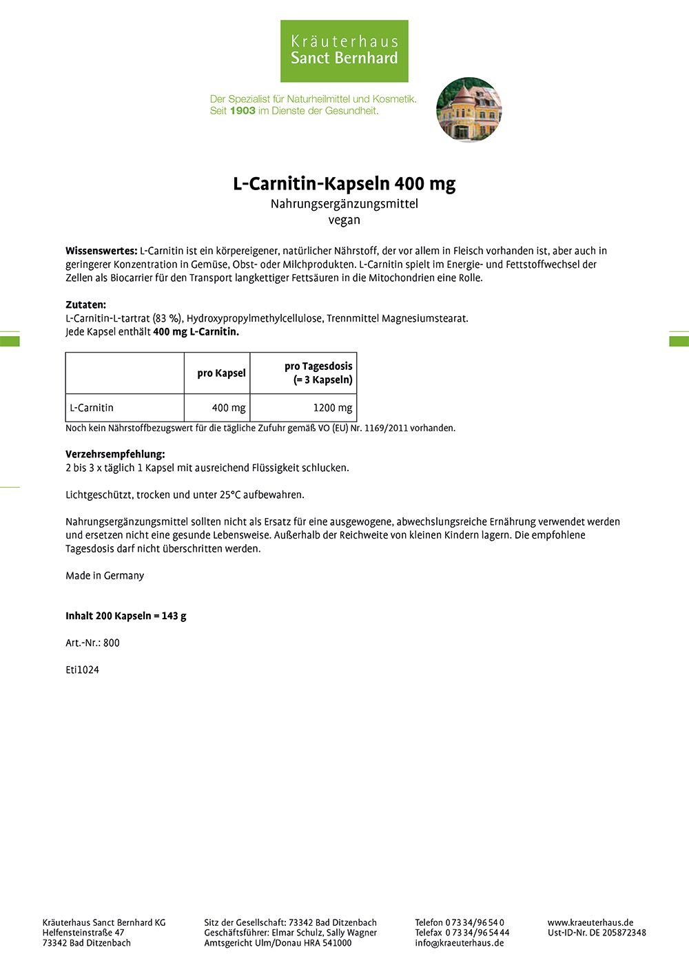 Sanct Bernhard L-Carnitin-Kapseln 400 mg
