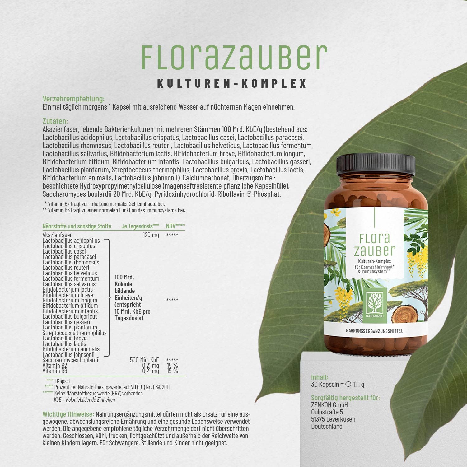 NATURTREU Flora Zauber Kulturen-Komplex Dose mit detaillierter Produktinformation.