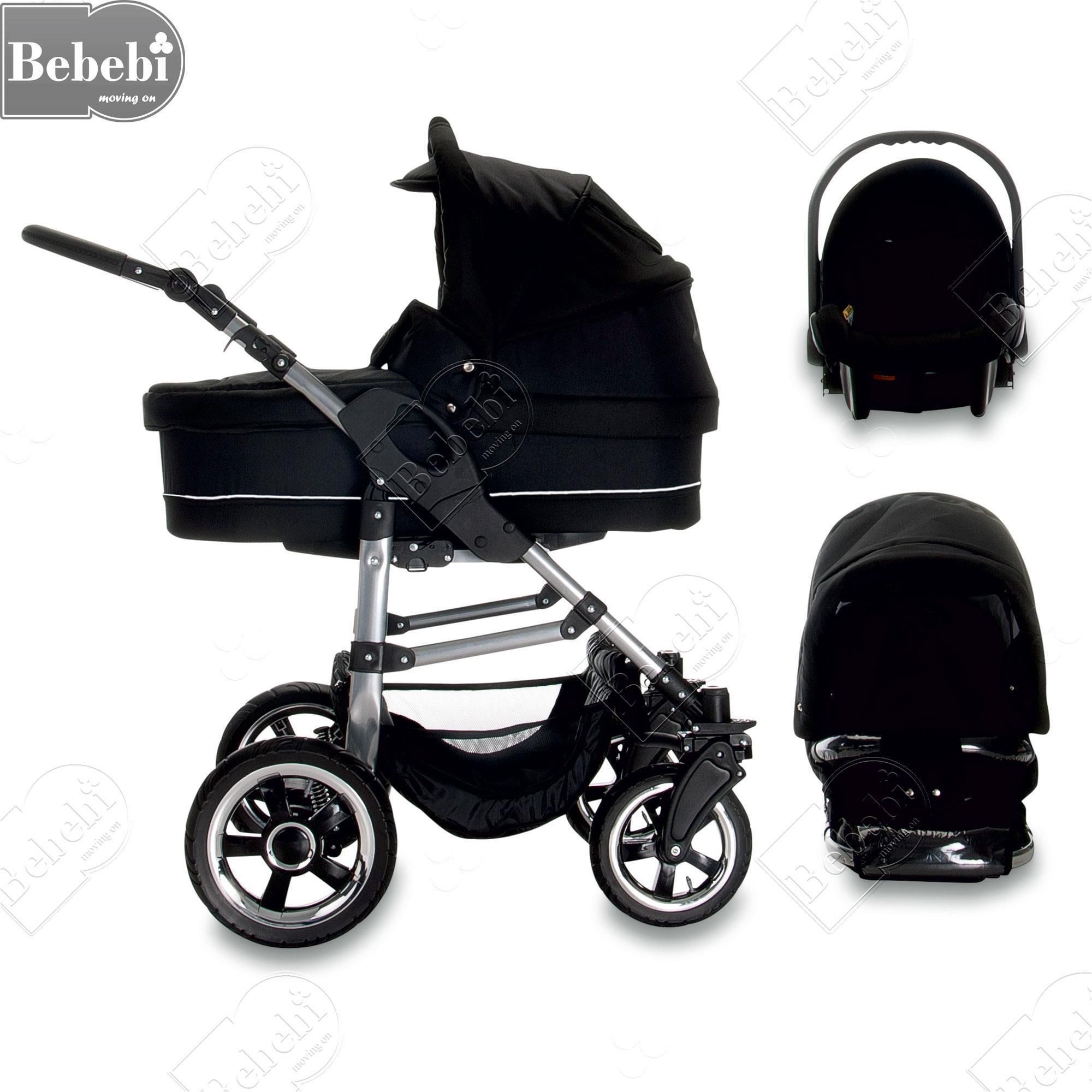 Schwarzer Kinderwagen mit silbernem Gestell, drei Rädern und Babywanne. Enthält Maxi Cosi und Abdeckung.
