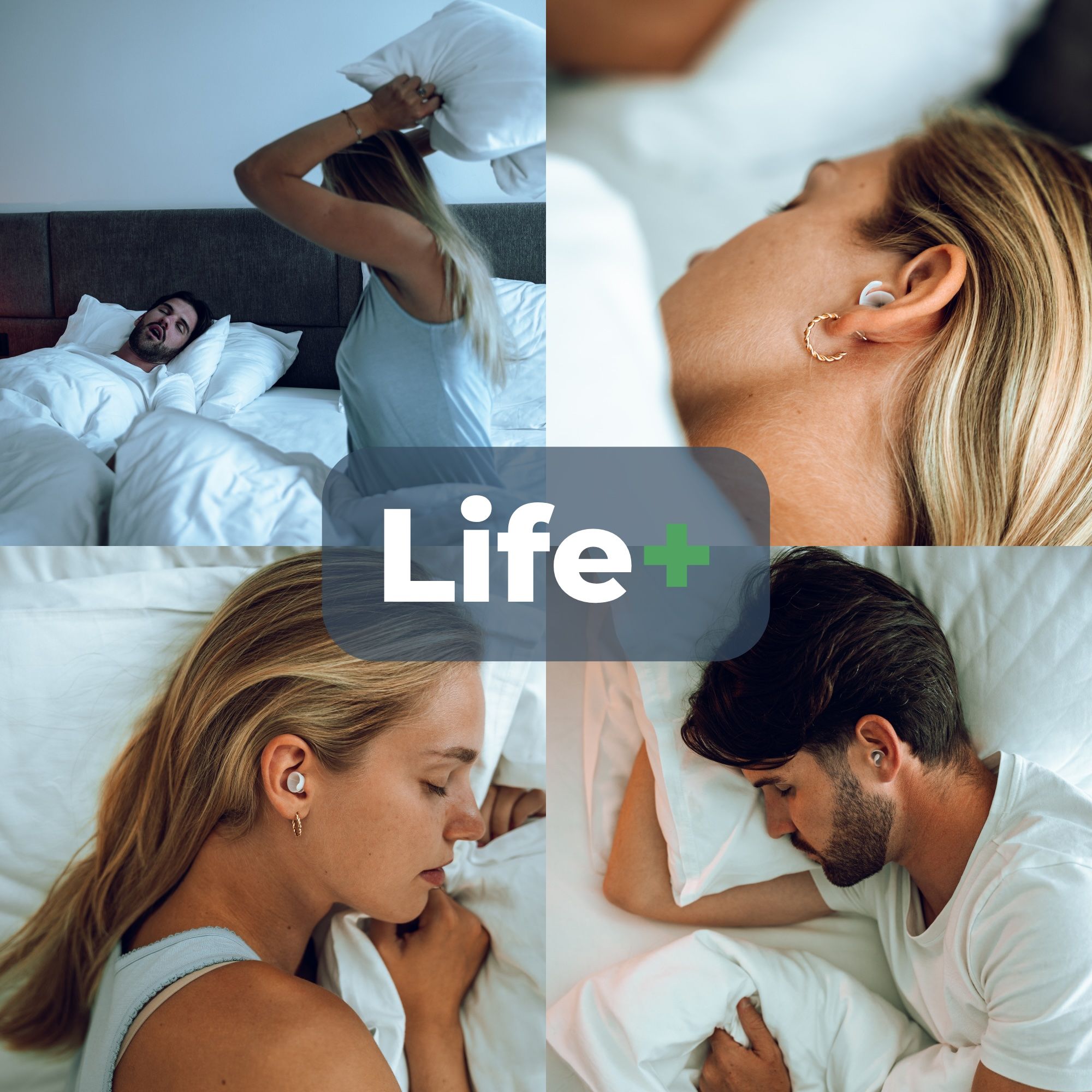 Collage von Personen, die mit BOLLSEN Life+ Ohrstöpseln schlafen.