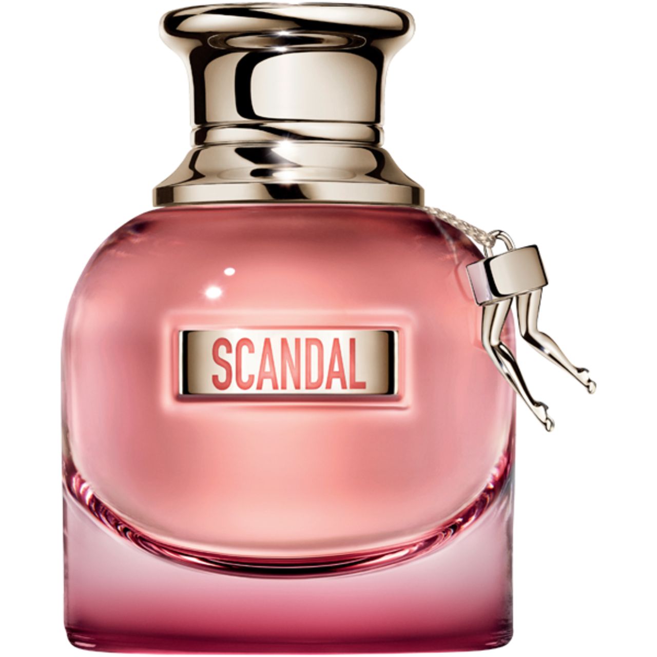 Pinkfarbener Flakon mit silbernem Verschluss und Bein-Anhänger. Aufschrift: SCANDAL.
