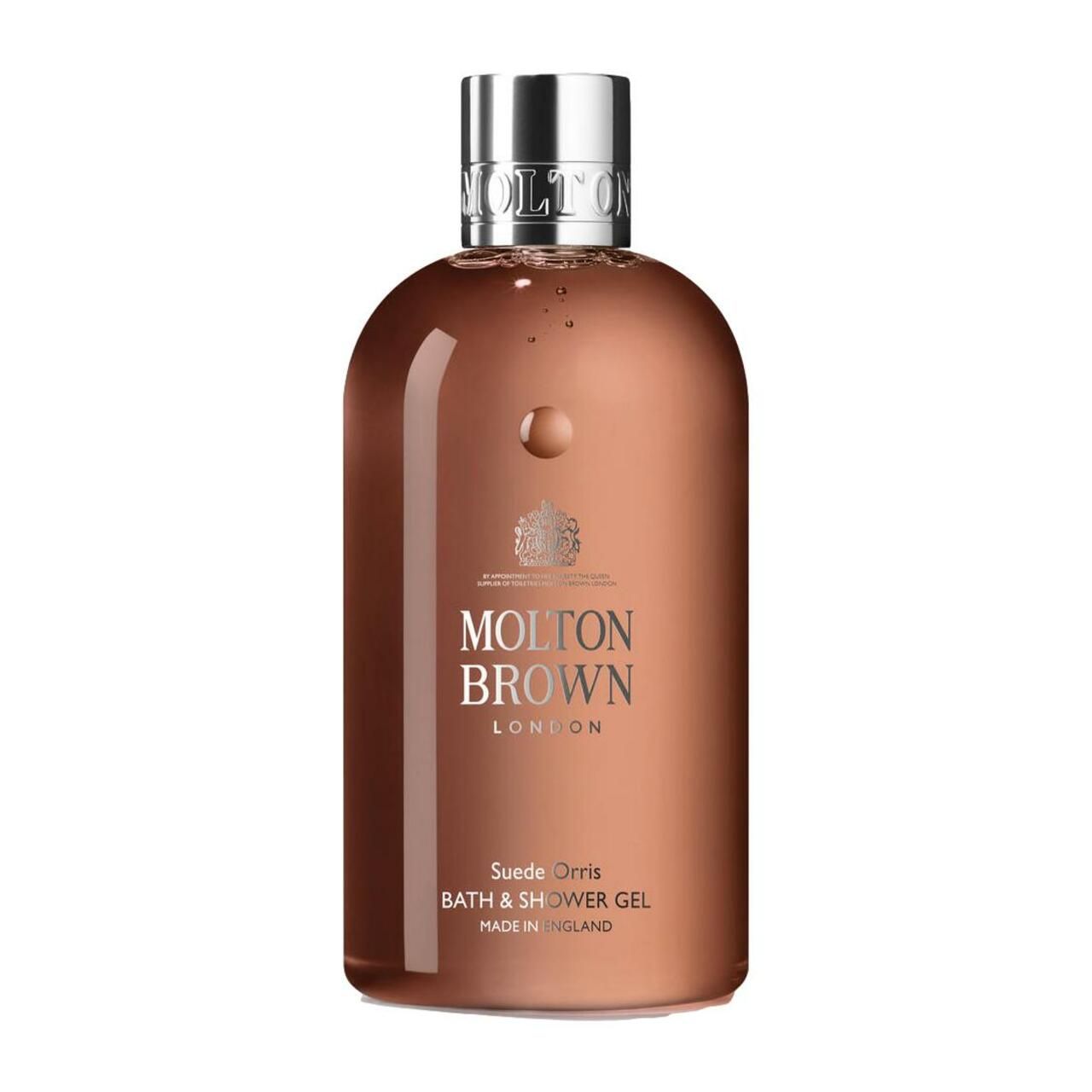 Braune Flasche Molton Brown Suede Orris Bath & Shower Gel. Silberner Deckel. Text: Molton Brown London, Suede Orris, Bath & Shower Gel.