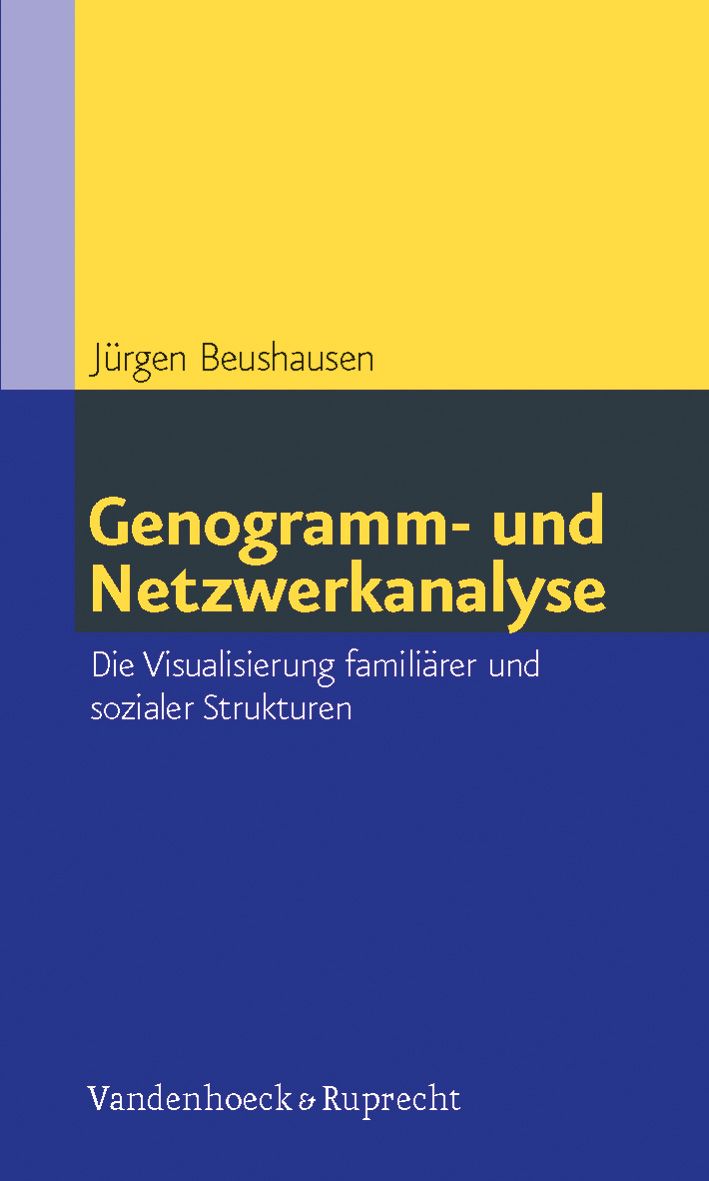 Buchcover mit Titel "Genogramm- und Netzwerkanalyse" von Jürgen Beushausen. Verlag Vandenhoeck & Ruprecht. Blaue, gelbe und graue Farbflächen.