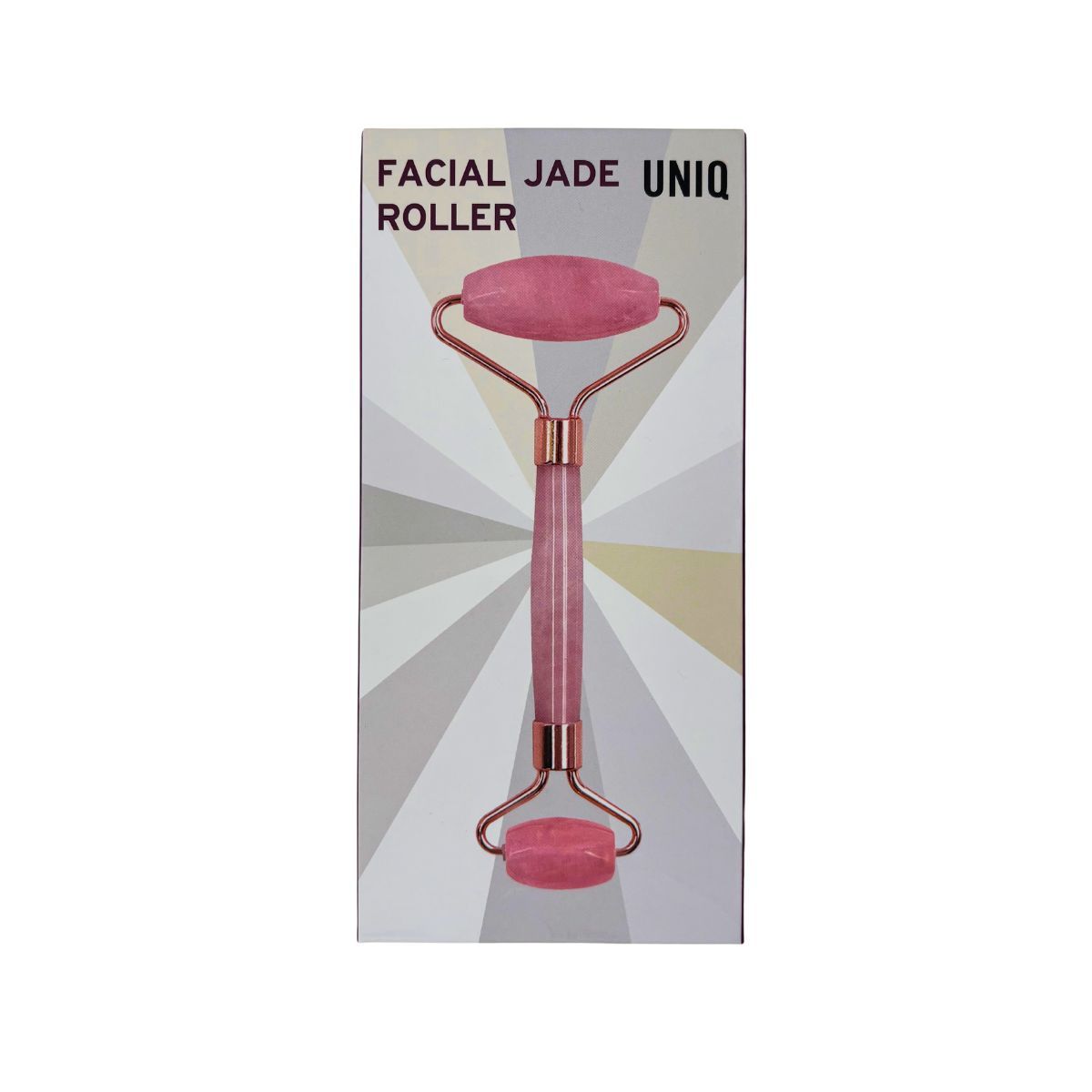 Gesichts-Jade-Roller in Rosa mit Doppelrolle und goldenem Rahmen.