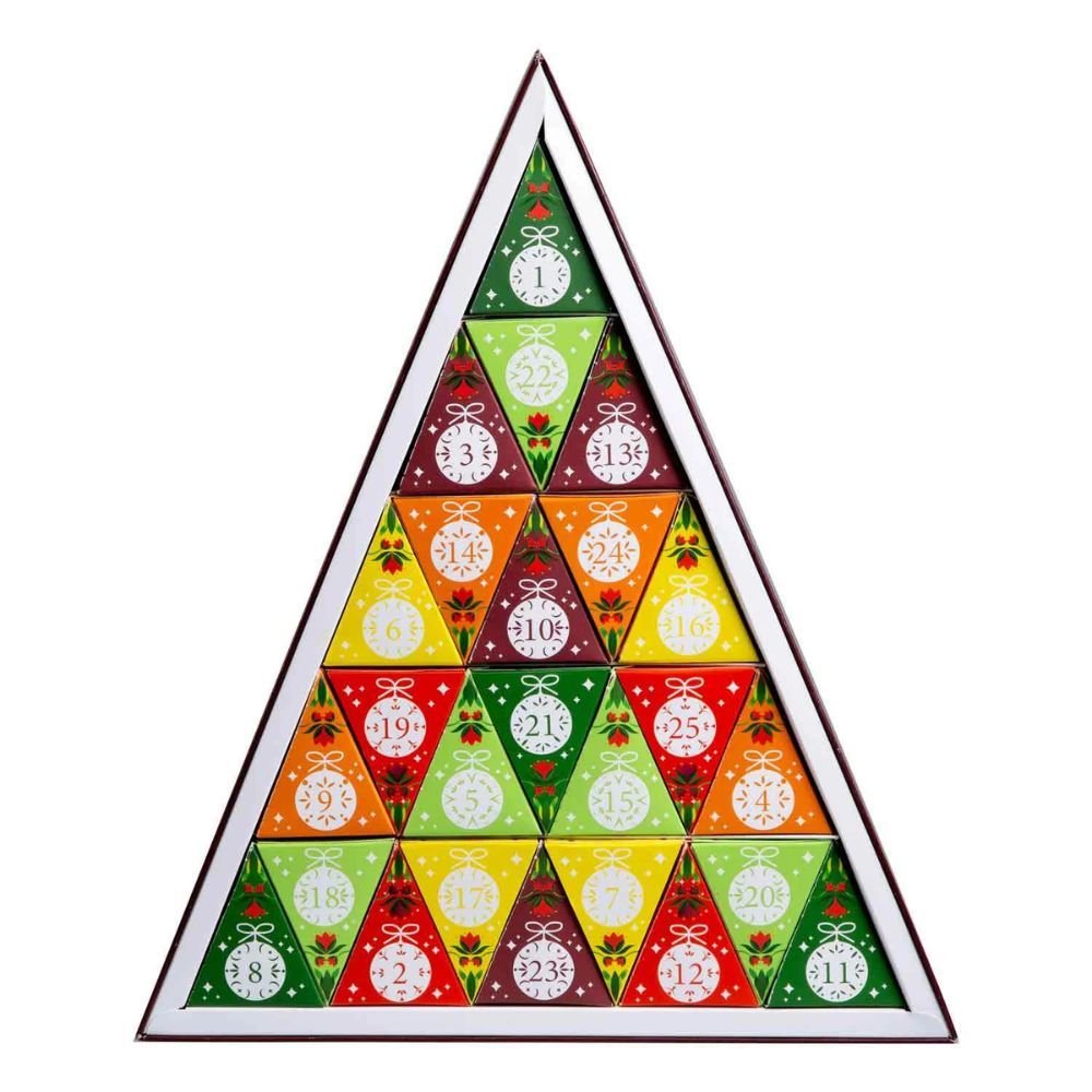 Adventskalender in Dreiecksform mit 25 Pyramidenbeuteln. Verschiedene Farben. Zahlen von 1-25.