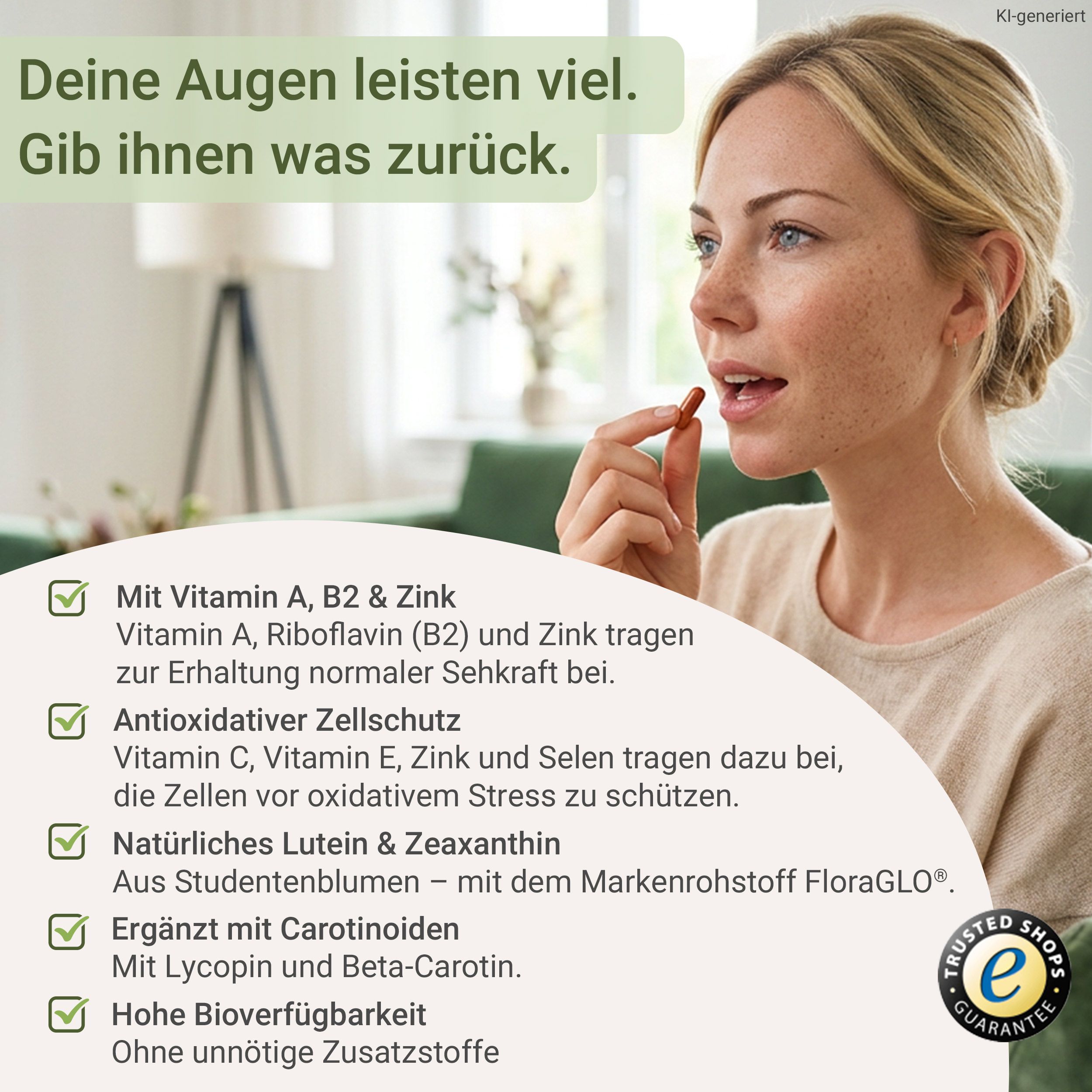 Frau nimmt eine Kapsel Augen Vital ein. Liste der Vorteile: Vitamine A, B2, Zink, Antioxidativer Zellschutz, Lutein, Zeaxanthin.