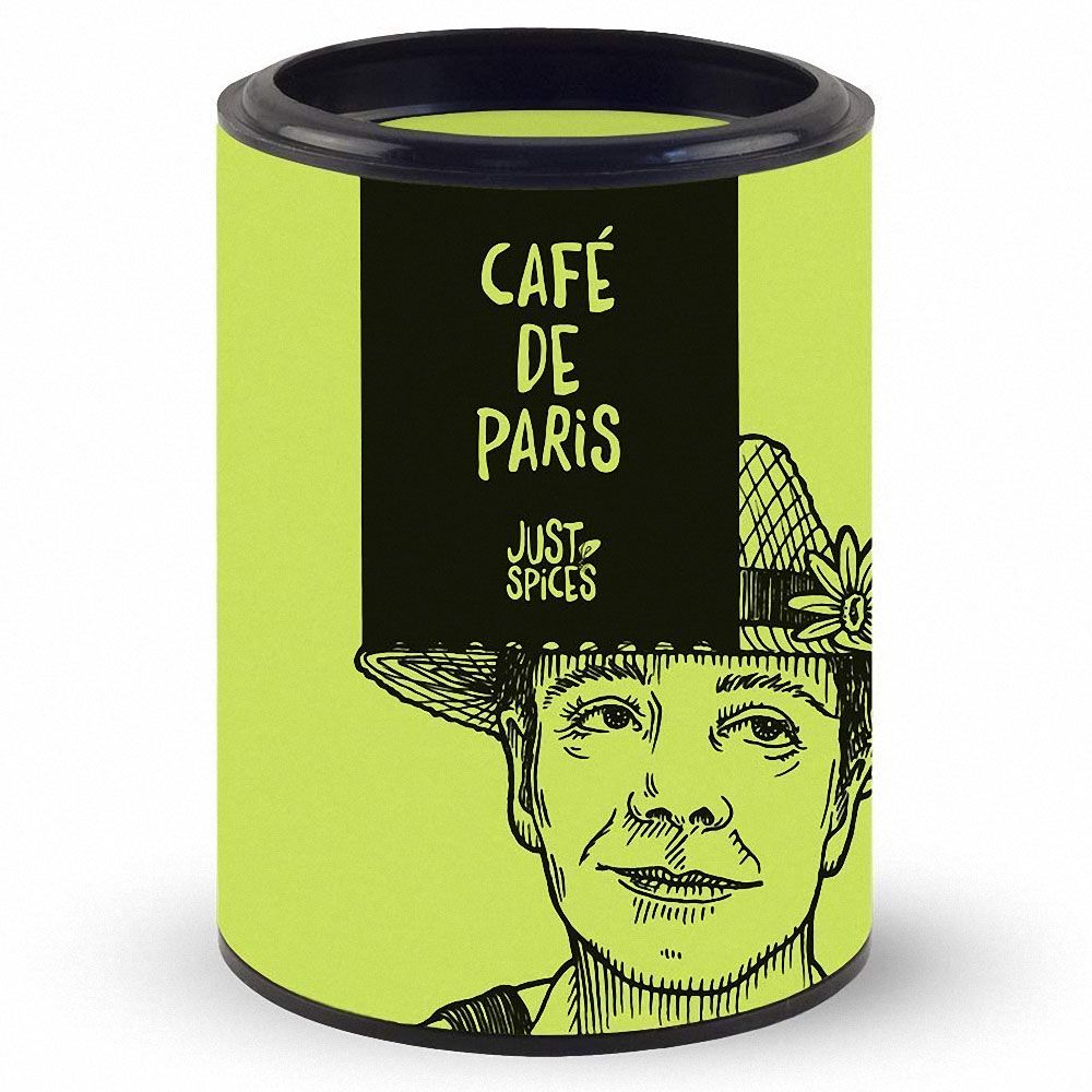 Zylindrische Dose mit Aufschrift "Café de Paris" und Illustration einer Person mit Hut. Marke: Just Spices.