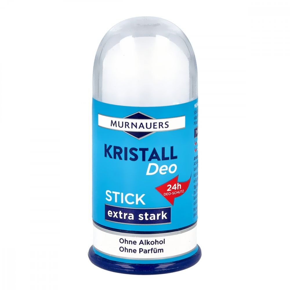 Deostick mit blauer Verpackung. Aufschrift: Murnauers Kristall Deo Stick extra stark. Ohne Alkohol, ohne Parfum.
