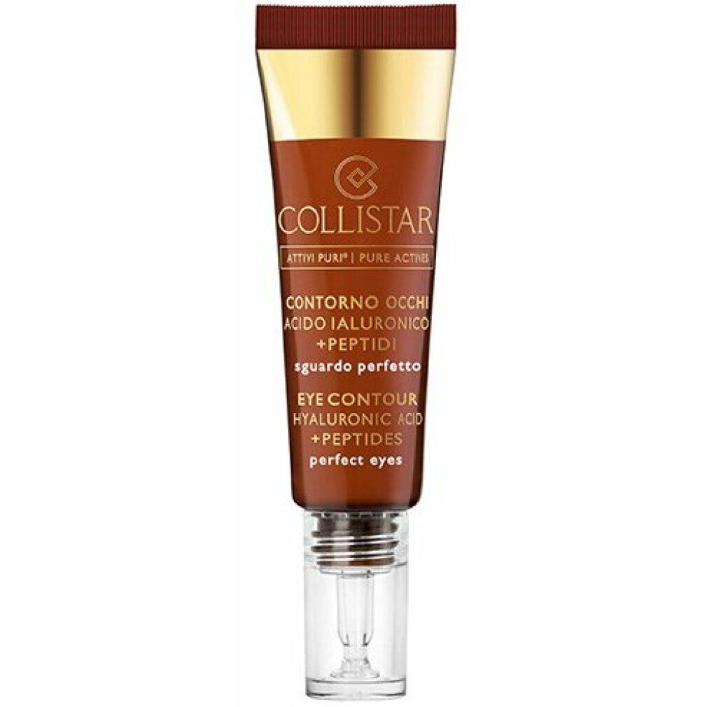 Braune Tube mit goldenem Deckel. Beschriftung: Collistar, Contorno Occhi, Acido Ialuronico + Peptidi, Eye Contour, Hyaluronic Acid + Peptides.