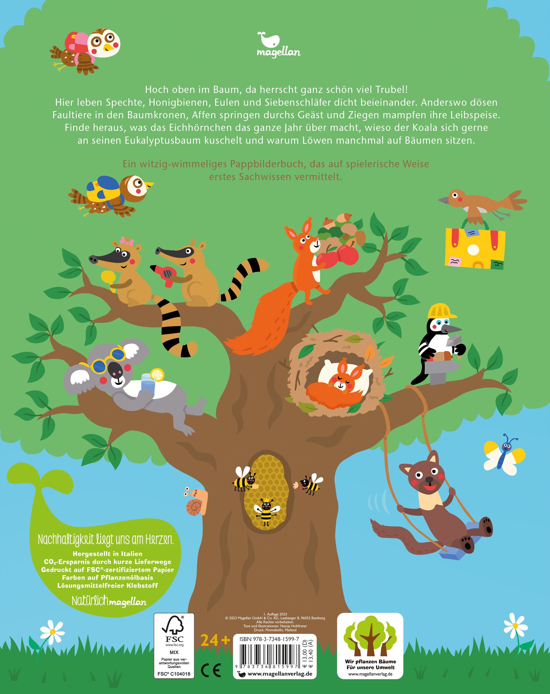 Rückseite des Buches mit Text und Illustrationen von Tieren im Baum. Verlag magellan, FSC-Zertifizierung.